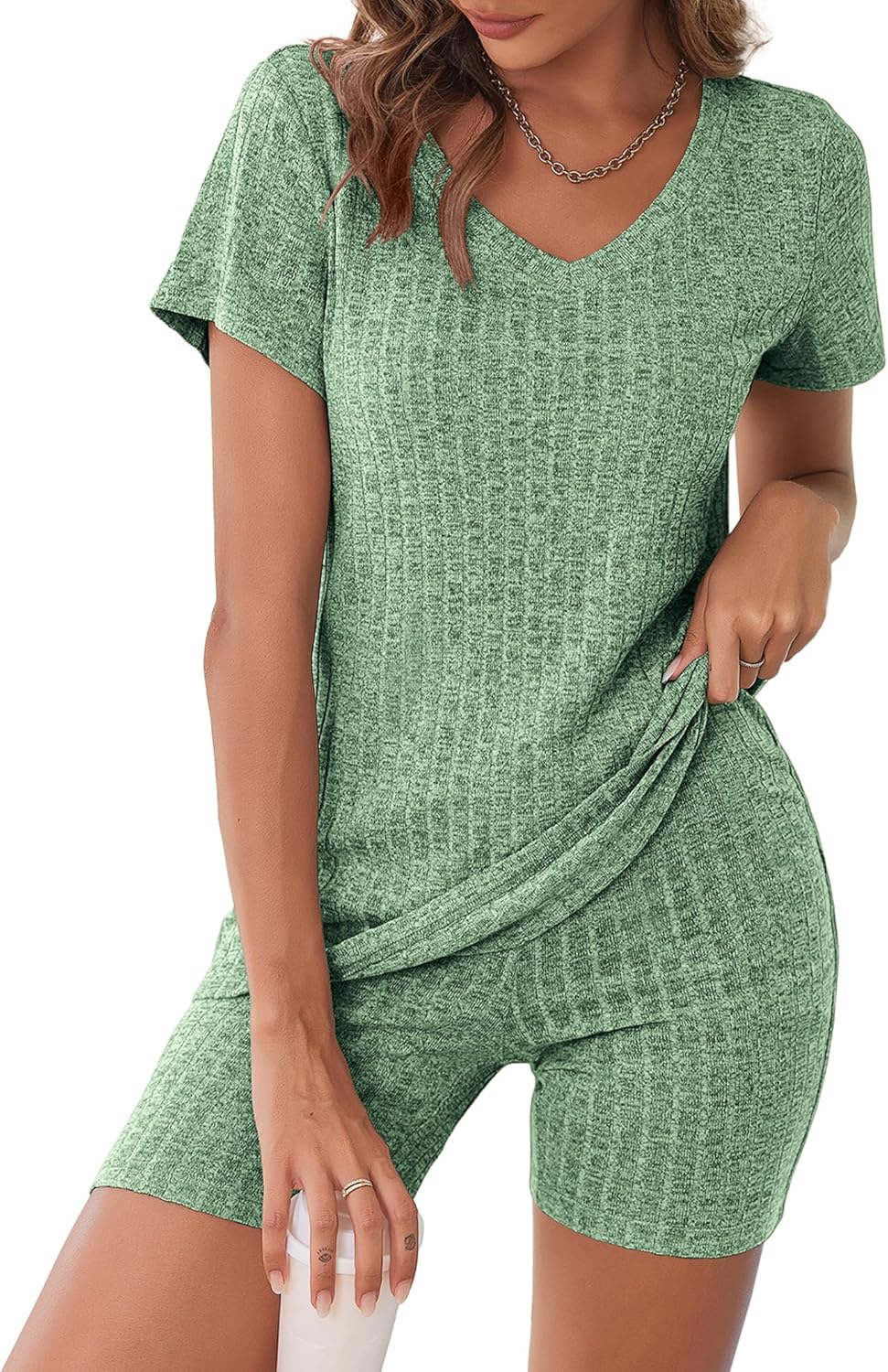 Biker Short Sets Women 2 Piece Outfits Ribbed Pajama Short Sleeve Workout Set