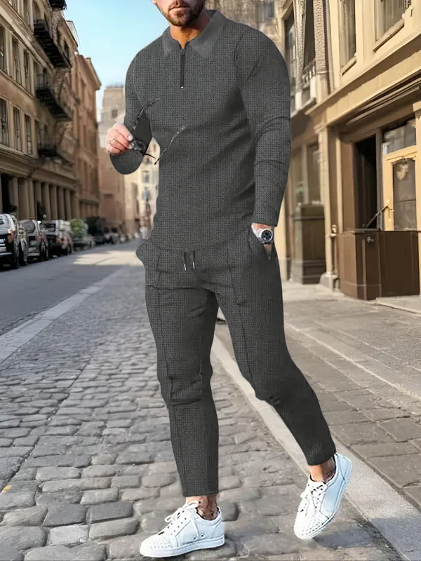 Men's Solid Textured Long Sleeve Polo Shirt & Drawstring Waist Pants Matching Sets