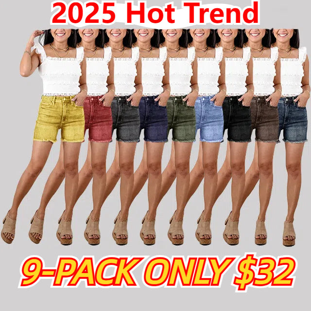 🔥2025 Hot Trend🔥Dark Wash Tummy Control Fray Hem Shorts with Shield Back Pockets