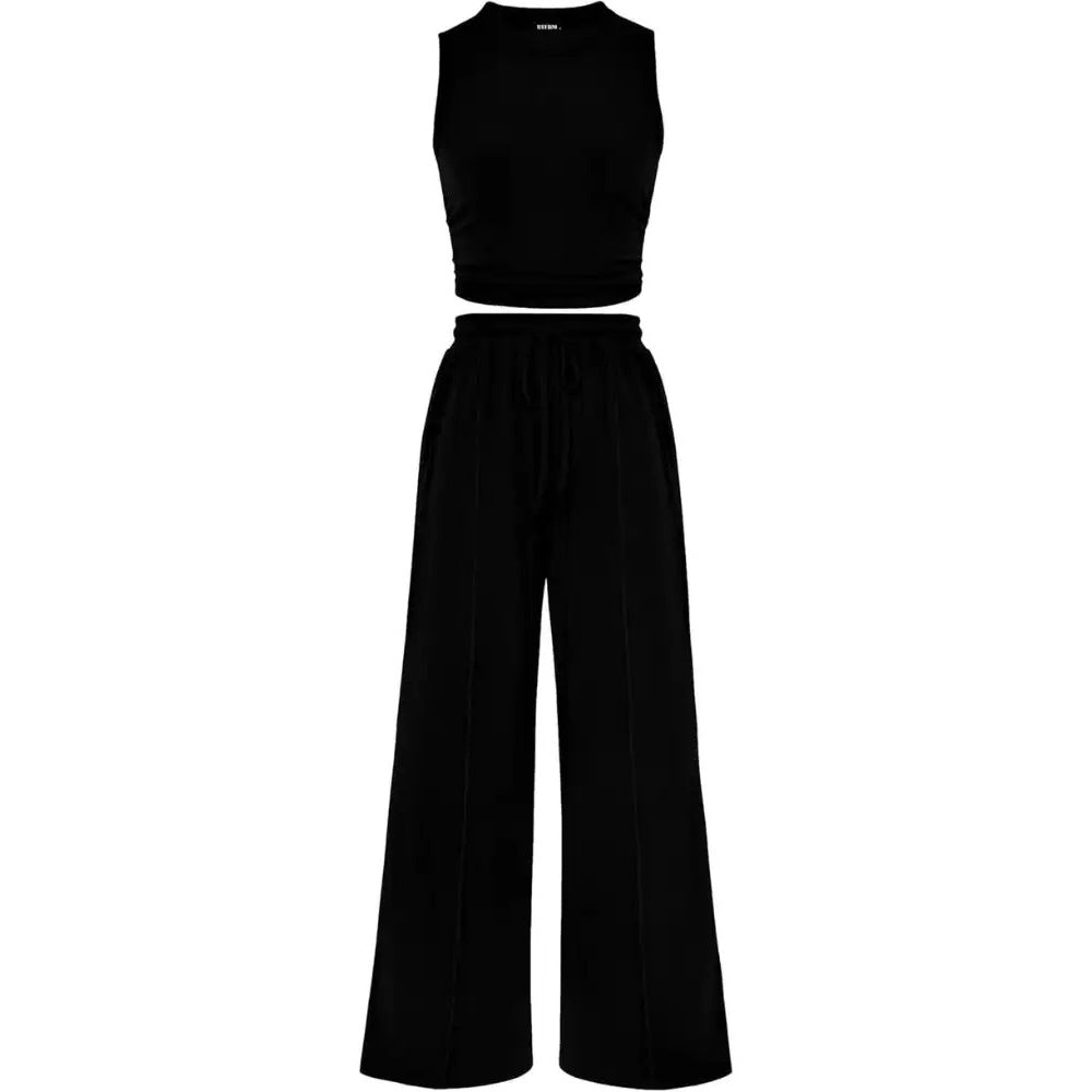 Women's Summer 2-Piece Outfits - Ribbed Knit Crew Neck Sleeveless Cropped Top & Wide Leg Pants Lounge Set