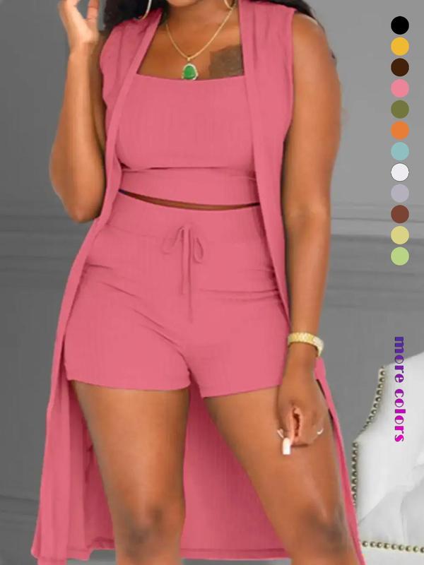 Three-Piece Set Women's Solid Ribbed Co-ord Set, Casual Crop Tank Top & Drawstring Waist Shorts & Vest Coat Set for Daily Wear, Summer Clothes, Chic Women's Clothing