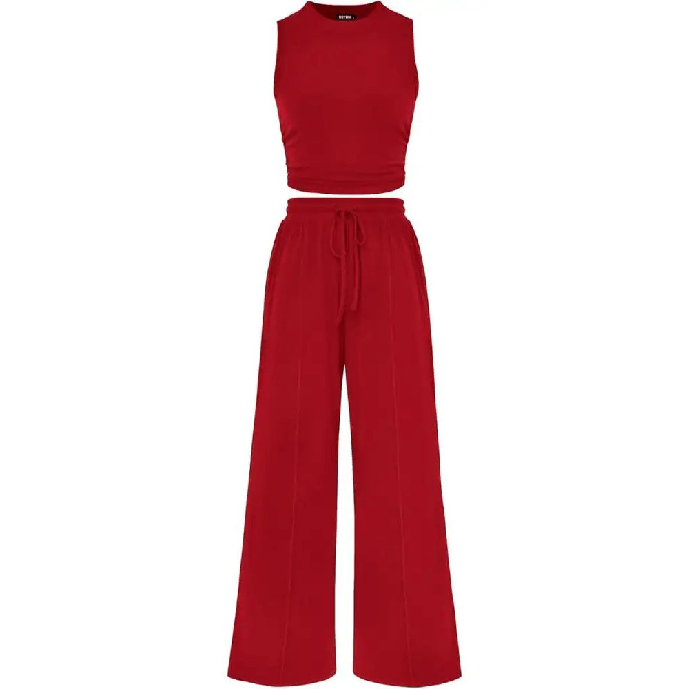 Women's Summer 2-Piece Outfits - Ribbed Knit Crew Neck Sleeveless Cropped Top & Wide Leg Pants Lounge Set