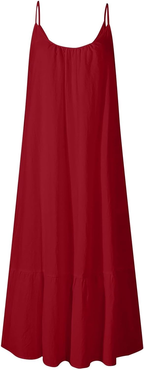 Summer Dresses Loose Fit Sleeveless Spaghetti Strap Asymmetric Tiered Maxi Dress Baggy