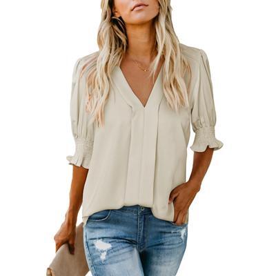 Womens Vneck T Shirts Tops Casual Ruffle Short Sleeve Blouses Boho Floral Graphic Solid