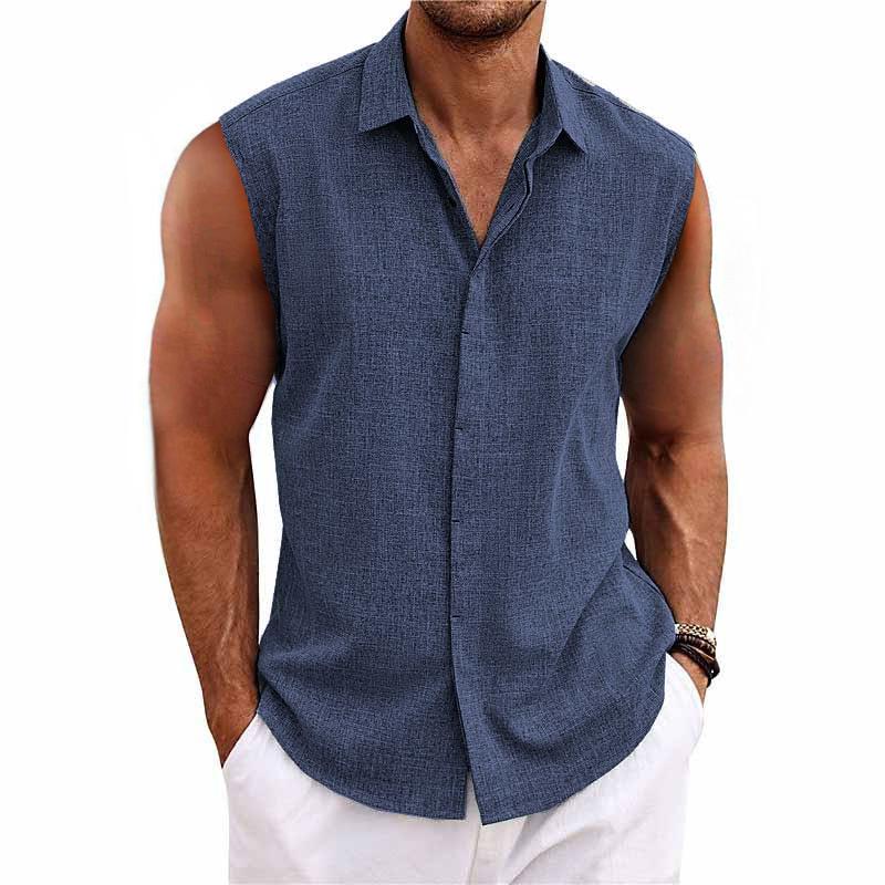 Men's Solid Color Lapel Cotton and Linen Sleeveless Shirt