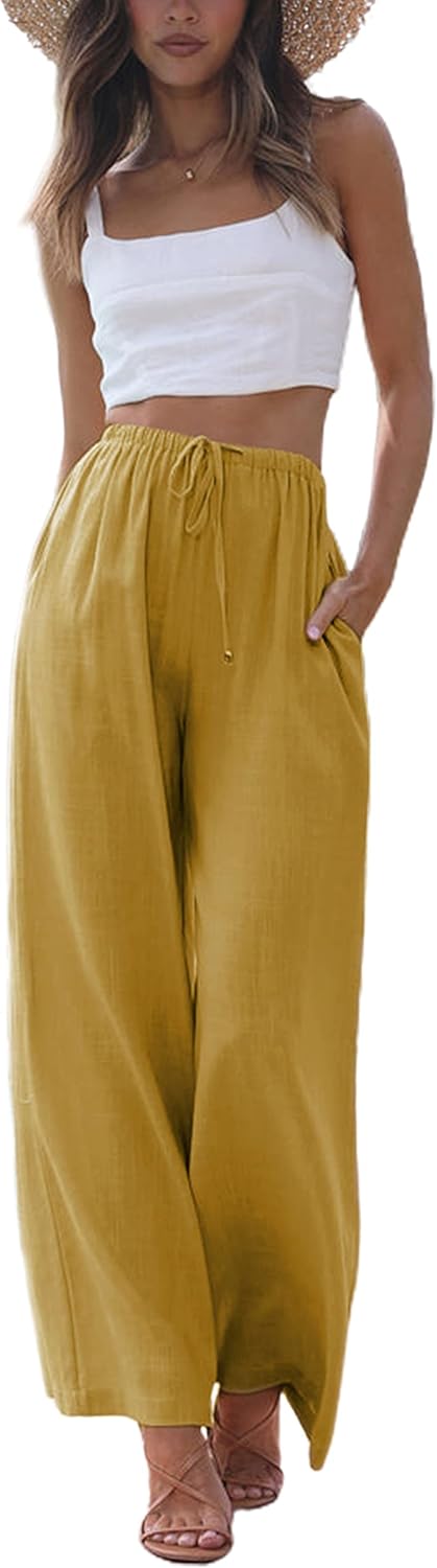 Women's Cotton Linen Summer Palazzo Pants Flowy Wide Leg Beach Trousers with Pockets