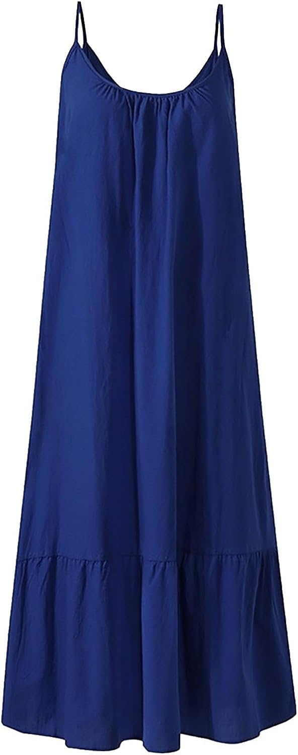 Summer Dresses Loose Fit Sleeveless Spaghetti Strap Asymmetric Tiered Maxi Dress Baggy