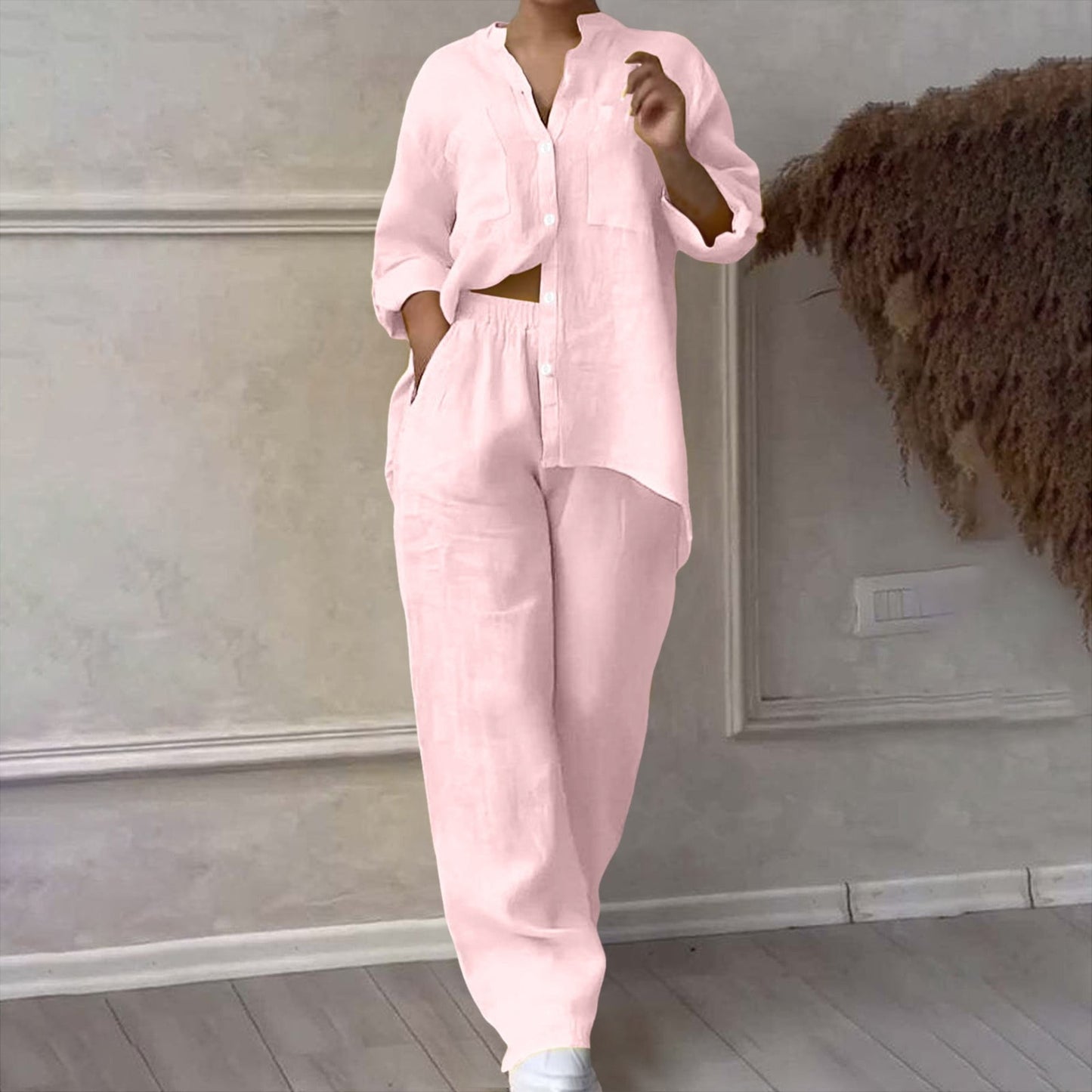 Women's Two Piece 2025 Lapel Long Sleeved Shirt Spring Summer Casual Solid Pants Wide Leg Two Piece Suit Women's Fashion Business Suit Two Piece Pants Set Women Trousers Suit Outfits for Women Girls