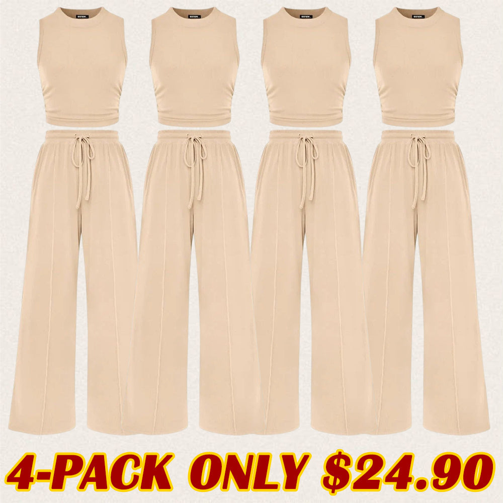 Women's Summer 2-Piece Outfits - Ribbed Knit Crew Neck Sleeveless Cropped Top & Wide Leg Pants Lounge Set
