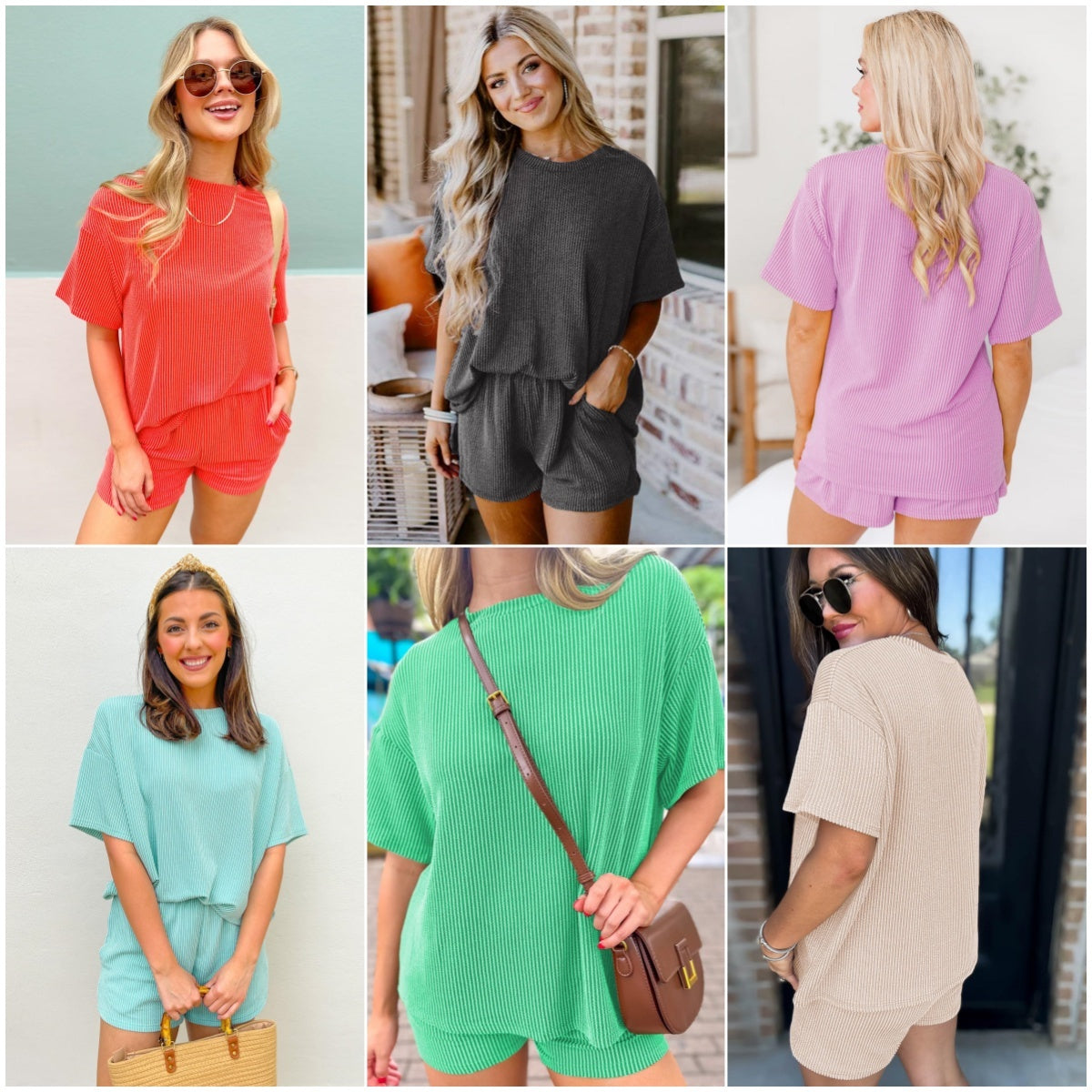 Women's Pocket Casual Short Sleeve T-shirt & Elastic Waist Shorts, Ribbed 2 Piece Sets