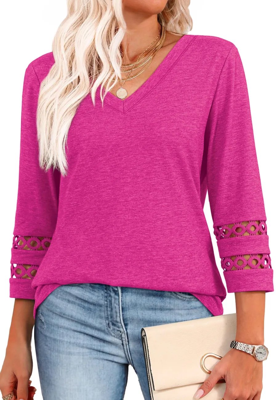 2025 Women's Trendy V-Neck T-Shirt with 3/4 Sleeves - Stylish & Comfortable Top