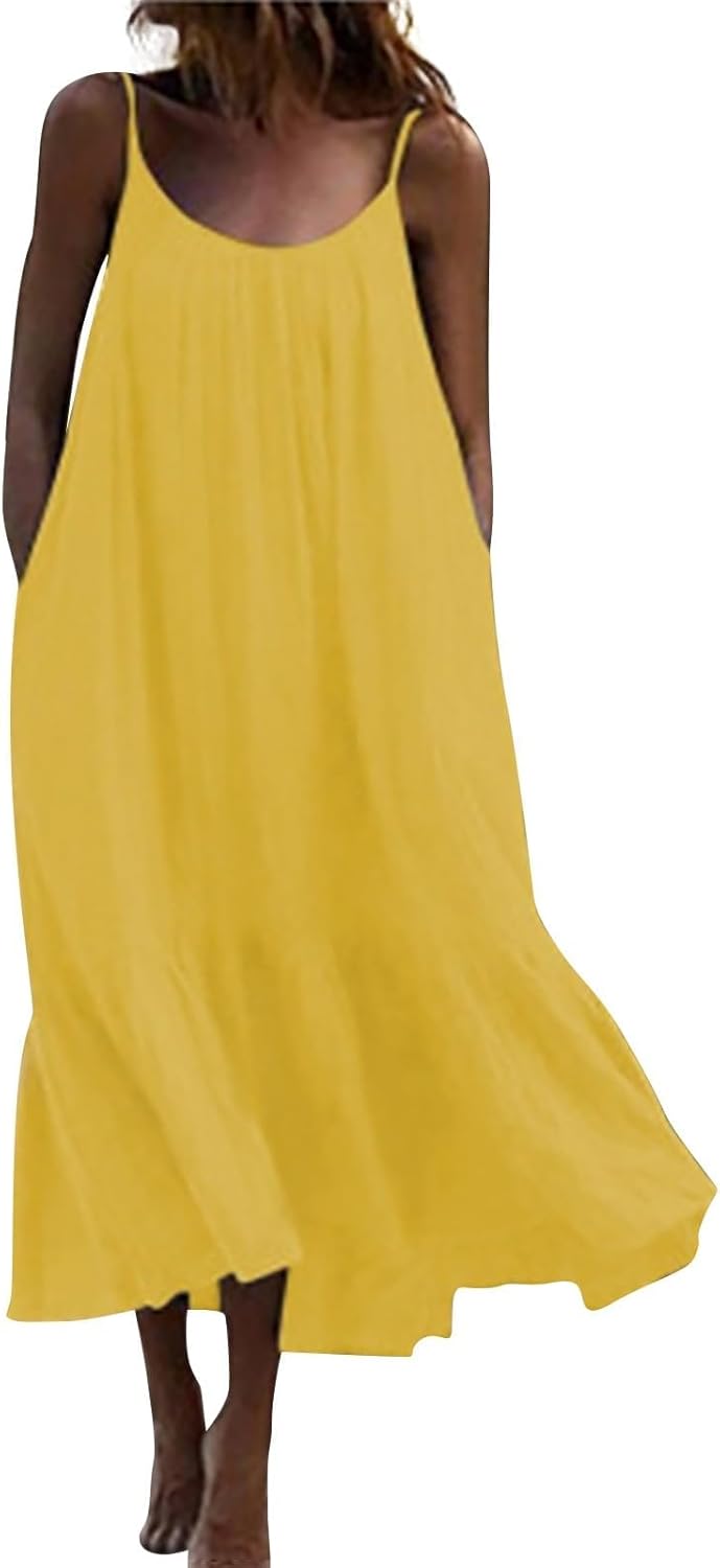 Summer Dresses Loose Fit Sleeveless Spaghetti Strap Asymmetric Tiered Maxi Dress Baggy