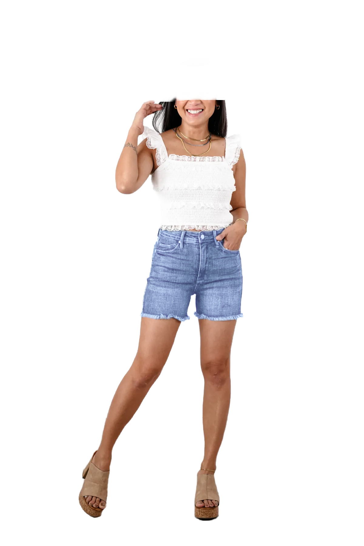 🔥2025 Hot Trend🔥Dark Wash Tummy Control Fray Hem Shorts with Shield Back Pockets