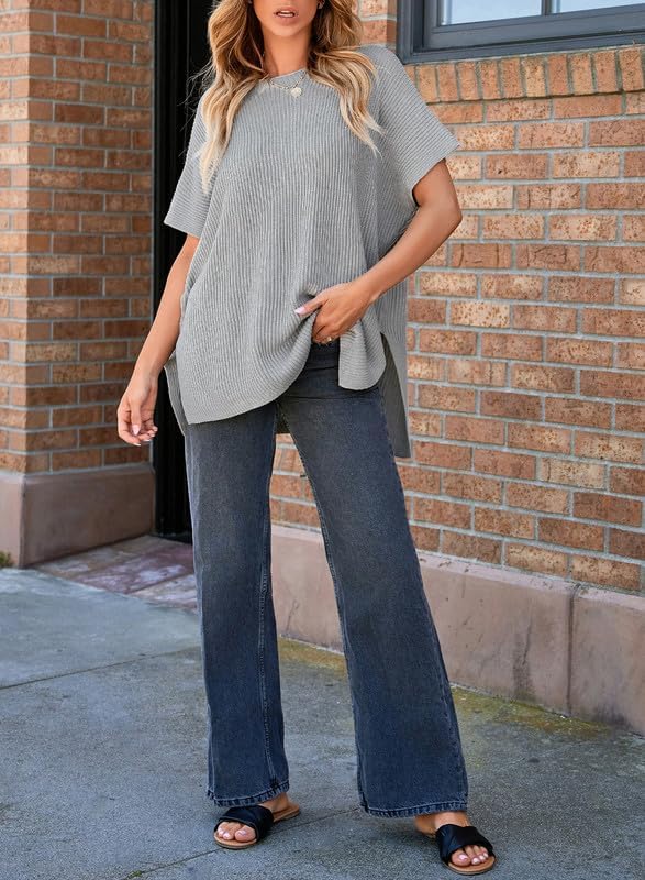 Womens Tops Crewneck Short Sleeve Sweater Causal Tunic Tops Lightweight Summer Sweaters for Women