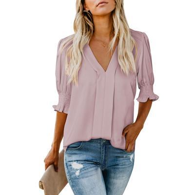 Womens Vneck T Shirts Tops Casual Ruffle Short Sleeve Blouses Boho Floral Graphic Solid