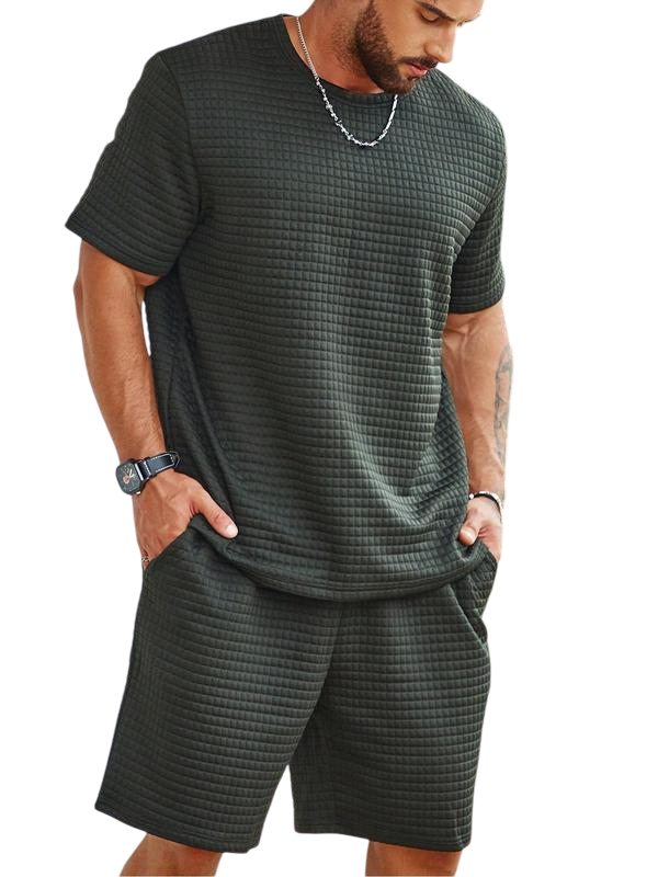 Two-Piece Set Men's Solid Waffle Knit Short Sleeve Tee & Pocket Shorts Set