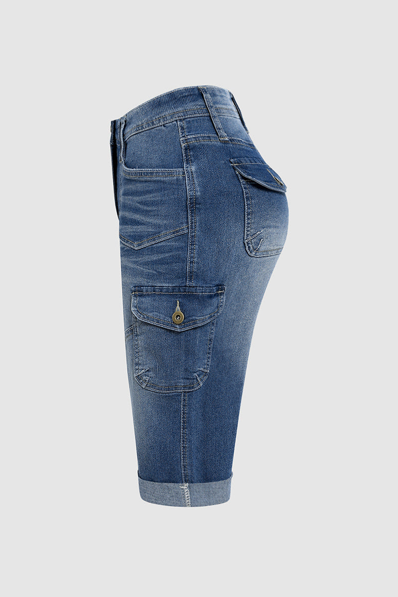 🔥Flap Pocket Roll Hem Denim Bermuda Shorts Without Belt