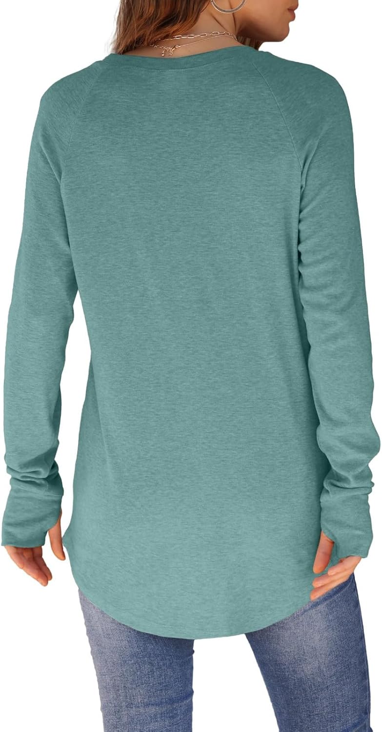 Womens Tunic Tops to Wear with Leggings Long Sleeve Thumb Hole Shirts Crew Neck Curved Hem Fall Winter Clothes