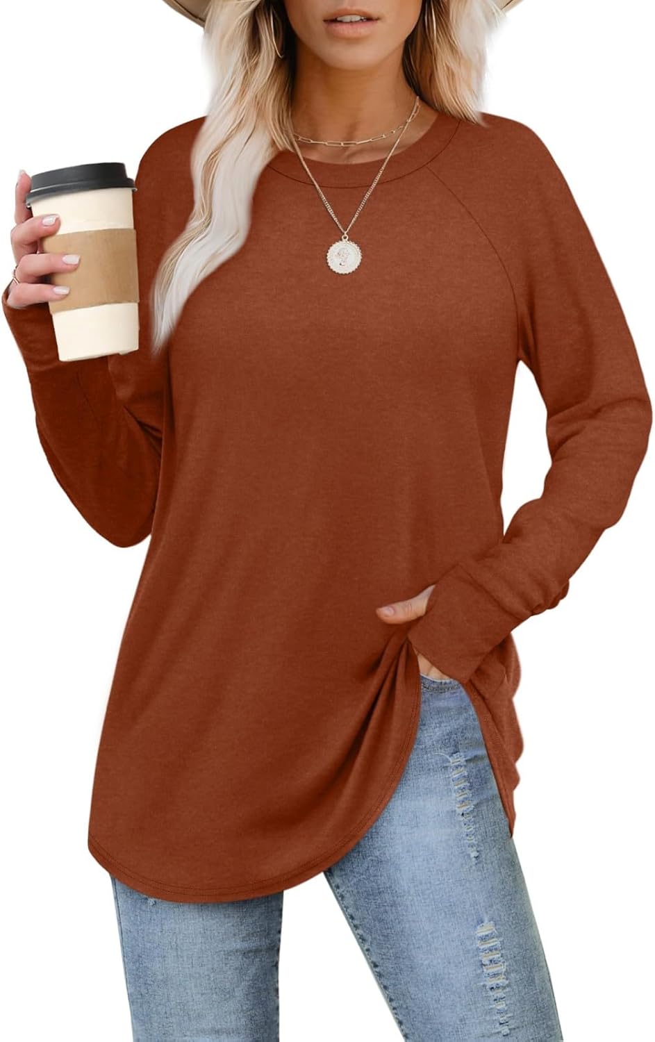 Womens Tunic Tops to Wear with Leggings Long Sleeve Thumb Hole Shirts Crew Neck Curved Hem Fall Winter Clothes