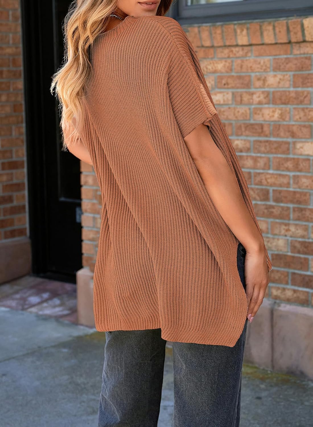 Womens Tops Crewneck Short Sleeve Sweater Causal Tunic Tops Lightweight Summer Sweaters for Women