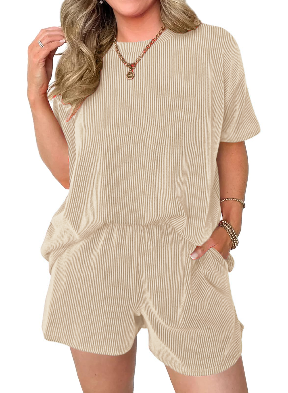 Women's Pocket Casual Short Sleeve T-shirt & Elastic Waist Shorts, Ribbed 2 Piece Sets