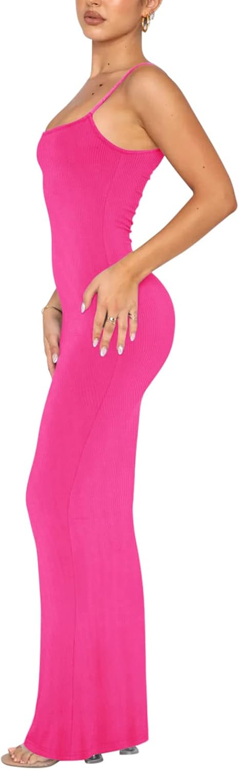 Women's Basic Sexy Lounge Slip Long Dress Elegant Sleeveless Backless Ribbed Bodycon Maxi Dresses