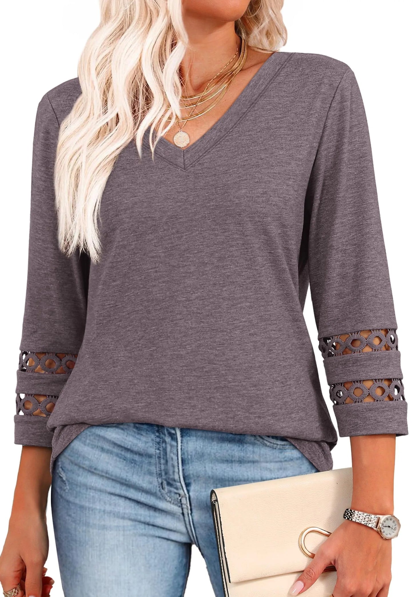 2025 Women's Trendy V-Neck T-Shirt with 3/4 Sleeves - Stylish & Comfortable Top