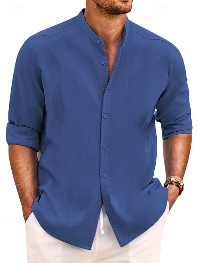 Men's Shirt Band Collar Shirt Summer Shirt Beach Wear Casual Shirt Button Up Shirt Plain Vacation Casual Black White Pink Green Long Sleeve Band Collar Spring & Summer Clothing Apparel