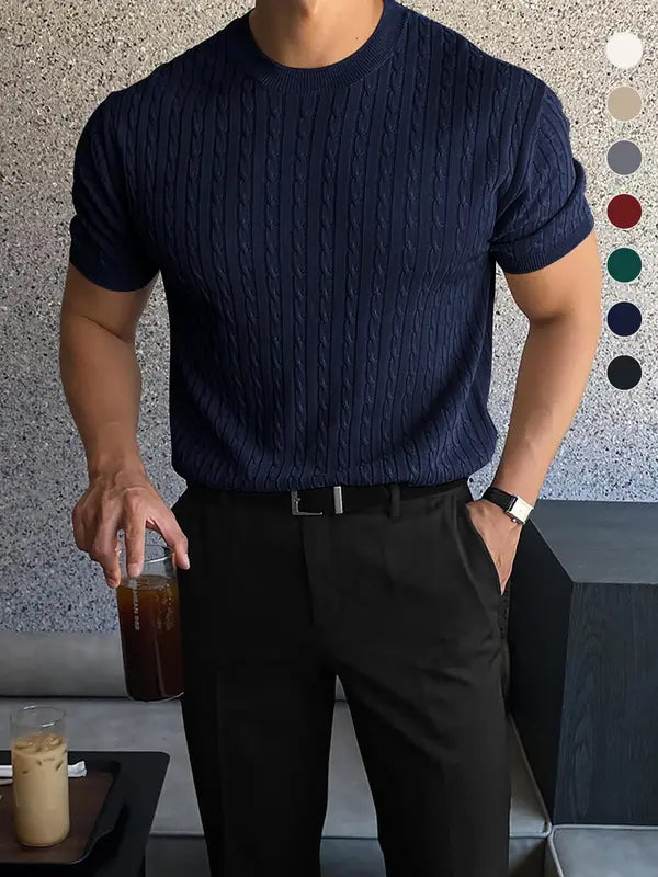 Summer Clothes Men's Plain Round Neck Cable Knit Shortsleeve Top, Slim Casual Crew Neck Knitwear for Spring & Summer, Menswear for Daily Wear, National Day Clothing