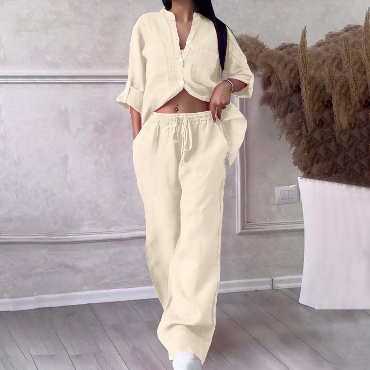 Women's Two Piece 2025 Lapel Long Sleeved Shirt Spring Summer Casual Solid Pants Wide Leg Two Piece Suit Women's Fashion Business Suit Two Piece Pants Set Women Trousers Suit Outfits for Women Girls