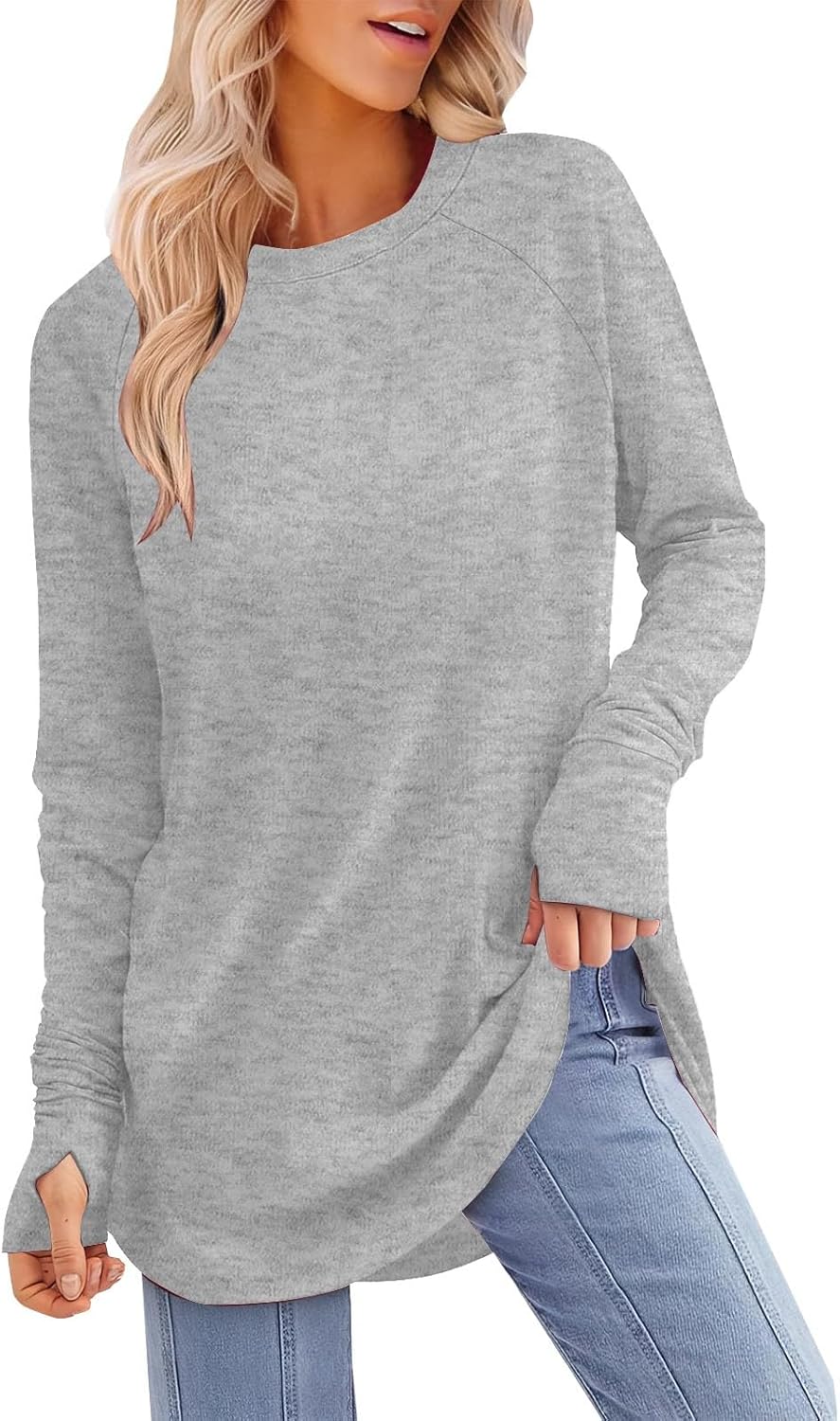 Womens Tunic Tops to Wear with Leggings Long Sleeve Thumb Hole Shirts Crew Neck Curved Hem Fall Winter Clothes