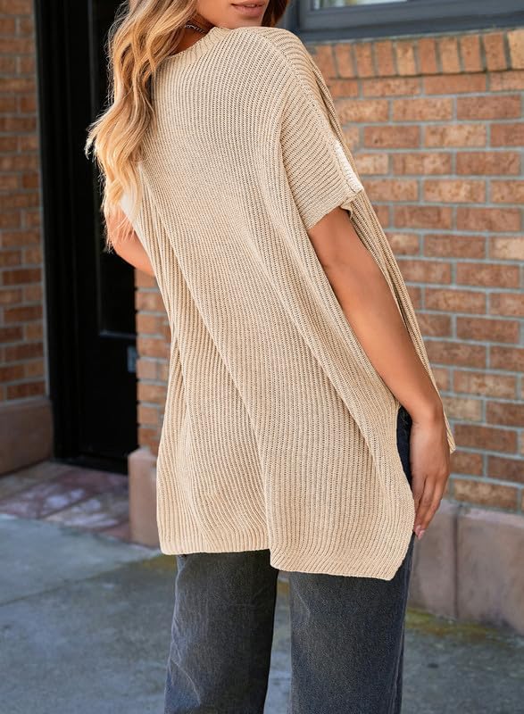 Womens Tops Crewneck Short Sleeve Sweater Causal Tunic Tops Lightweight Summer Sweaters for Women