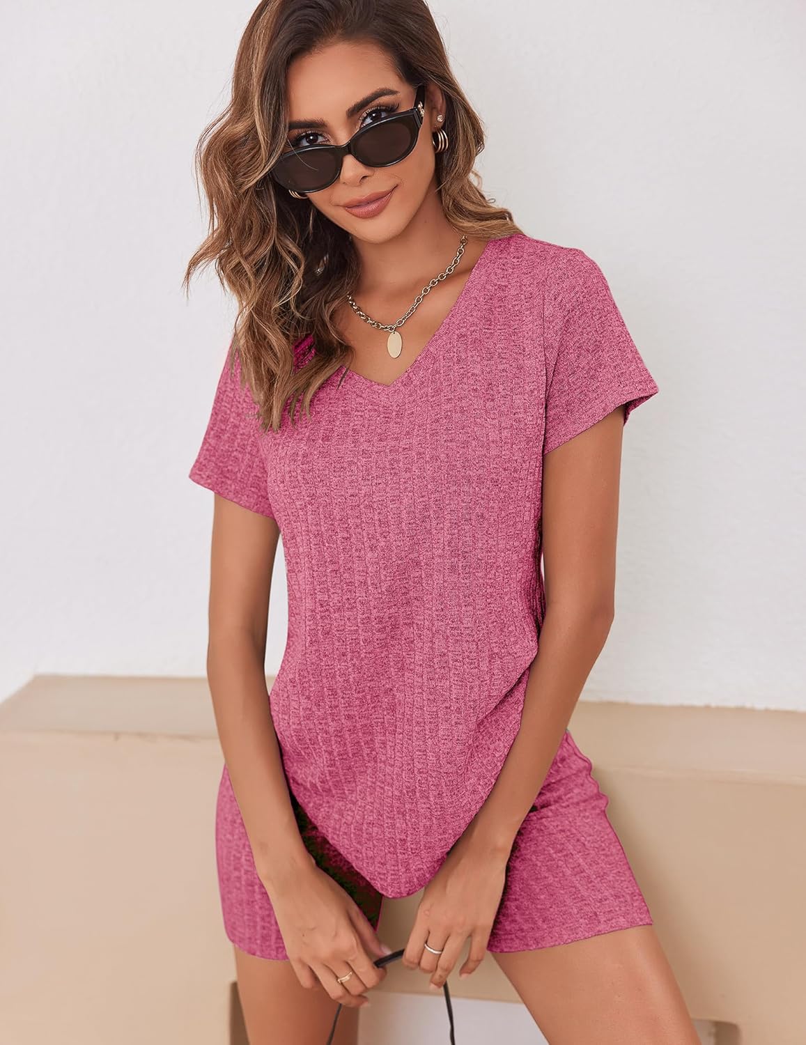 Biker Short Sets Women 2 Piece Outfits Ribbed Pajama Short Sleeve Workout Set