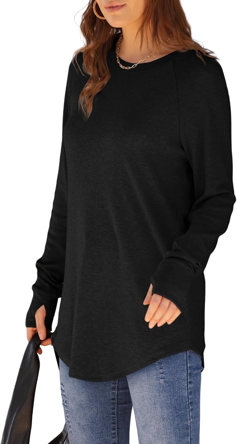 Womens Tunic Tops to Wear with Leggings Long Sleeve Thumb Hole Shirts Crew Neck Curved Hem Fall Winter Clothes