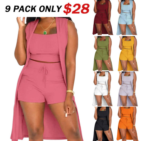 Three-Piece Set Women's Solid Ribbed Co-ord Set, Casual Crop Tank Top & Drawstring Waist Shorts & Vest Coat Set for Daily Wear, Summer Clothes, Chic Women's Clothing