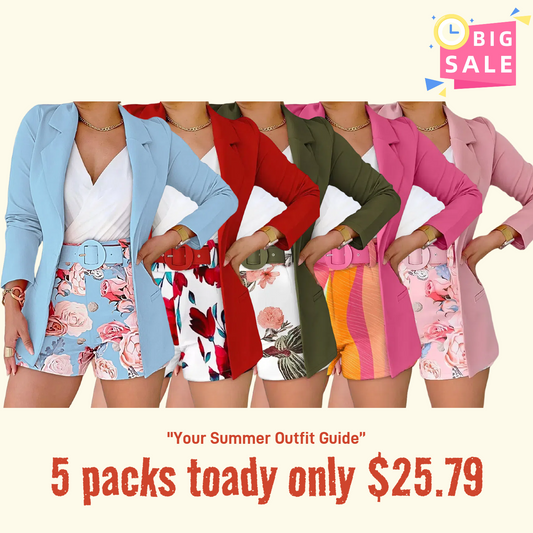 2 Pieces Outfits Notched Collar Long Sleeve Blazer & Floral Print Shorts Set With Belt