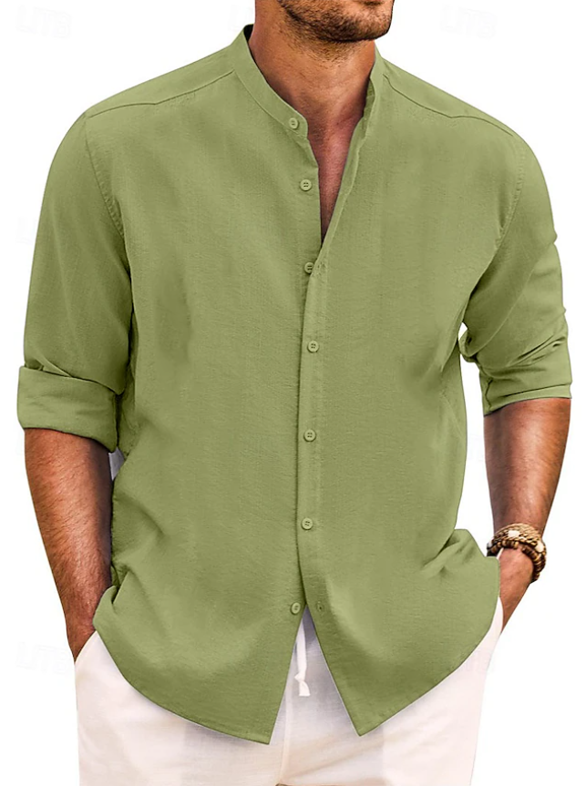 Men's Shirt Band Collar Shirt Summer Shirt Beach Wear Casual Shirt Button Up Shirt Plain Vacation Casual Black White Pink Green Long Sleeve Band Collar Spring & Summer Clothing Apparel