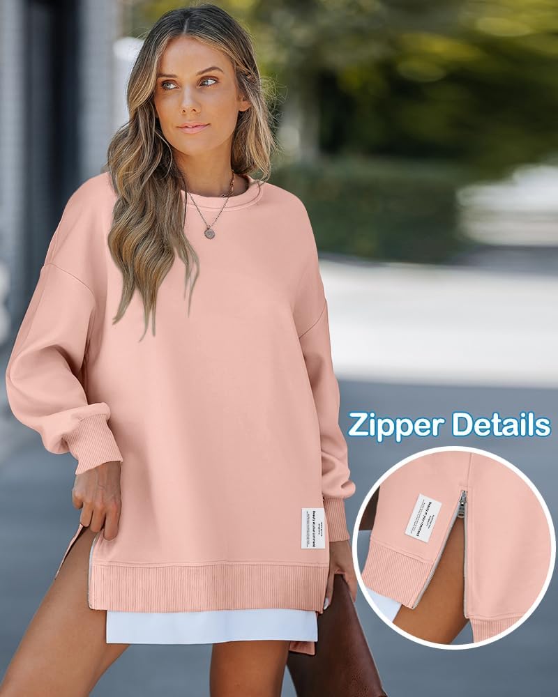 Womens Long Sleeve Zipper Slit Oversized Sweatshirt 2025 Casual Pullover Zipper Hoodies Fall Clothes