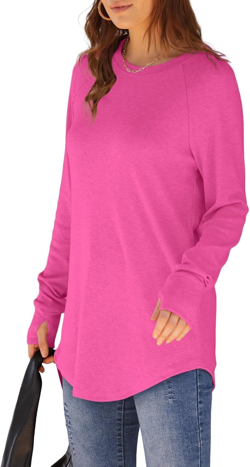Womens Tunic Tops to Wear with Leggings Long Sleeve Thumb Hole Shirts Crew Neck Curved Hem Fall Winter Clothes