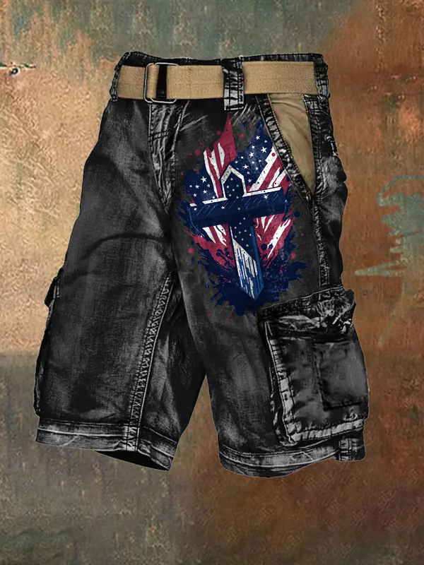 Men's Vintage Flag Independence Day Multi-Pocket Print Cargo Shorts (Belt Included)