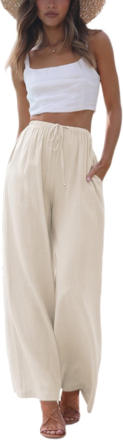 Women's Cotton Linen Summer Palazzo Pants Flowy Wide Leg Beach Trousers with Pockets